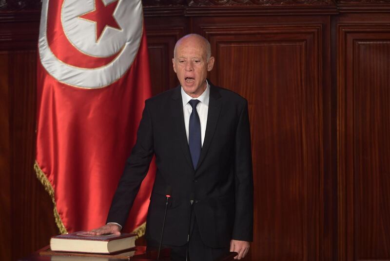 Tunisia's new President Kais Saied takes the oath of office on October 23, 2019 in Tunis after his surprise election victory over champions of the political establishment. AFP