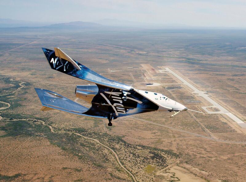 Virgin Galactic SpaceshipTwo Unity flys free in the New Mexico Airspace for the first time on Friday, May 1, 2020. Virgin Galactic's spaceship VSS Unity has landed in the New Mexico desert after its first glide flight from Spaceport America. The company announced Friday's flight on social media, sharing photos of the spaceship. (Virgin Galactic via AP)