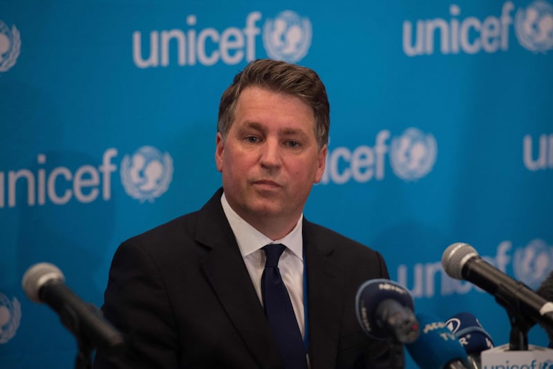 (FILES) In this file photo taken on September 6, 2016 UNICEF Deputy Executive Director Justin Forsyth speaks during a UNICEF media briefing on the report, "Uprooted: The Growing crisis for refugee and migrant children" at UNICEF House in New York.
UNICEF deputy director Justin Forsyth on February 22, 2018 resigned from the UN children's agency following complaints of inappropriate behavior towards female staff in his previous post as head of British charity Save The Children. He apologized again for his past "mistakes", but said his decision to step down from the top role was driven by concern that the scandal would hurt both organisations.
 / AFP PHOTO / Bryan R. Smith