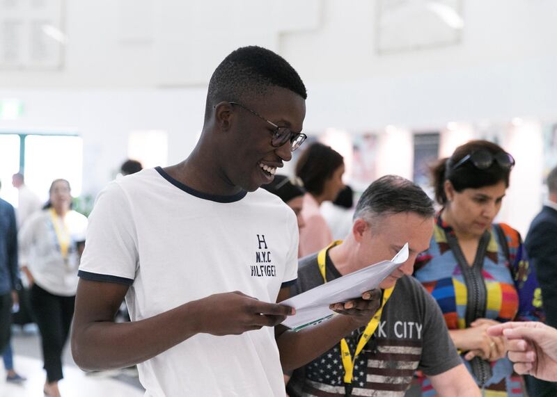 DUBAI, UNITED ARAB EMIRATES. 15 AUGUST 2019. 
Kazal Oshodi reacts to his top performance in A-Level at Jumeirah College school.
(Photo: Reem Mohammed/The National)

Reporter:
Section: