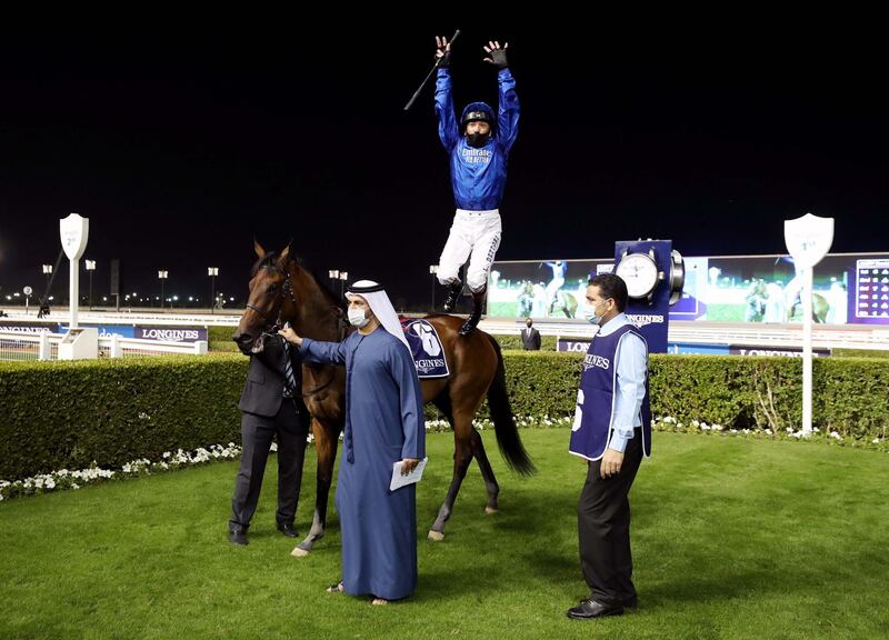 Dubai, United Arab Emirates - Reporter: Amith Passela. Sport. Horse Racing. Soft Whisper ridden by Frankie Dettori wins the UAE 1000 Guineas at the Dubai World Cup Carnival. Dubai. Thursday, January 28th, 2021. Chris Whiteoak / The National