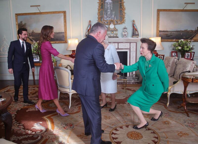 LONDON, ENGLAND - FEBRUARY 28: Princess Anne, Princess Royal greets King Abdullah II of Jordan, whilst Queen Elizabeth II greets Queen Rania of Jordan, as Crown Prince Hussein of Jordan looks on, during a private audience at Buckingham Palace on February 28, 2019 in London, England. (Photo by Yui Mok - WPA Pool/Getty Images)