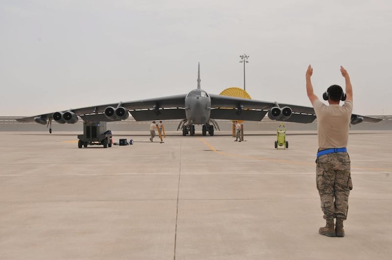A US Air Force B-52 bomber arrives at Al Udeid Air Base, Qatar April 9, 2016.. US Air Force / Reuters