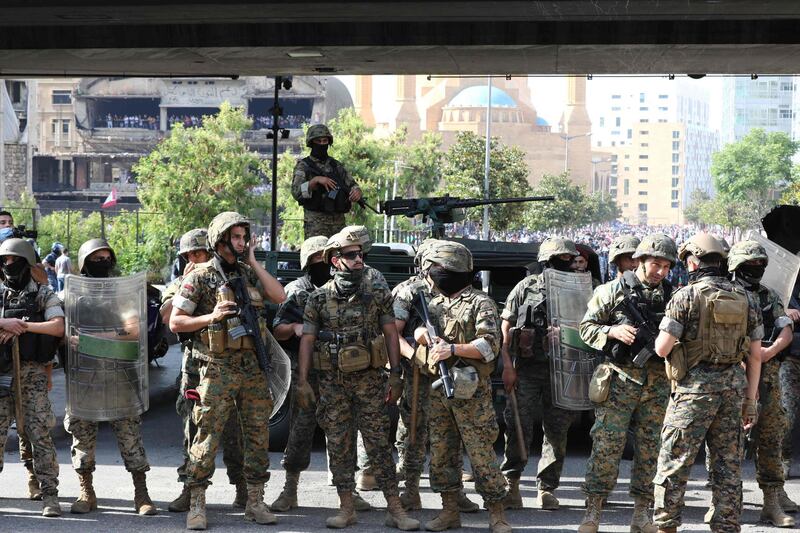 Lebanese army soldiers stand guard during a demonstration in central Beirut.  AFP