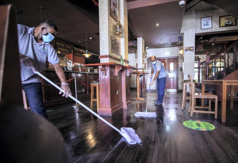 Abu Dhabi, United Arab Emirates, July 23, 2020.   
Le Royal Meridien Hotel  Abu Dhabi Covid-19 sanitation operations at PJ O'Reilly's Irish Pub.
Victor Besa  / The National
Section: NA
For:  Standalone / Stock Images