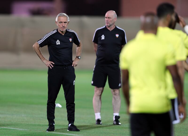 UAE manager Bert van Marwijk oversees a training session before the UAE's World Cup qualifying match against Iran on Thursday. Chris Whiteoak / The National