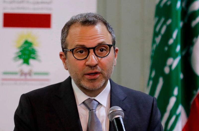 (FILES) In this file photo taken on February 11, 2019, then-Lebanese Foreign Minister Gibran Bassil gives a press conference at the foreign ministry headquarters in the capital Beirut. The US Treasury announced sanctions against Lebanon's former energy and foreign affairs minister Gebran Bassil on November 6, 2020, accusing him of corruption involving billions of dollars that has left the economy in a shambles. The sanctions are the first against a high-ranking Christian ally of Hezbollah, a powerful Shiite movement long targeted by US sanctions and blacklisted as a "terrorist" organisation. / AFP / JOSEPH EID
