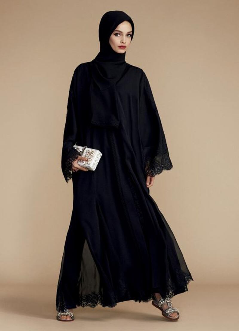 This month’s offerings, along with matching shaylas, mark the second capsule collection of abayas from the pair who rolled-out their debut Middle East-­inspired pieces in January. Courtesy Dolce & Gabbana