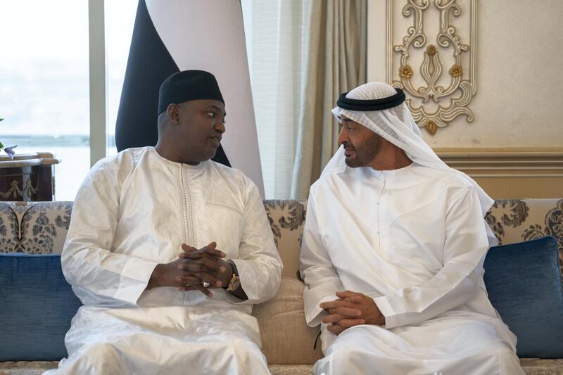 ABU DHABI, UNITED ARAB EMIRATES - July 15, 2019: HH Sheikh Mohamed bin Zayed Al Nahyan, Crown Prince of Abu Dhabi and Deputy Supreme Commander of the UAE Armed Forces (R), meets with Adama Barrow, President of Gambia (L), during a Sea Palace barza. 

( Mohamed Al Hammadi / Ministry of Presidential Affairs )
---