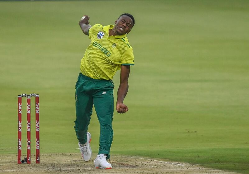 South Africa's Kagiso Rabada bowls during the first T20 international cricket match between South Africa and Australia at The Wanderers Stadium in Johannesburg on February 21, 2020. (Photo by Christiaan Kotze / AFP)