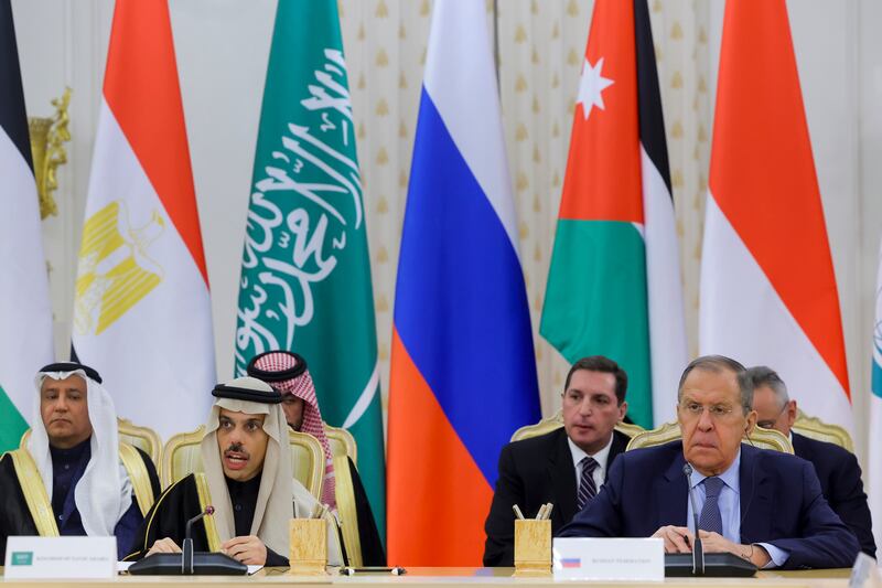 Saudi Foreign Minister Prince Faisal bin Farhan, left, speaks sitting next to Russian Foreign Minister Sergey Lavrov during a meeting about Gaza in Moscow last November. AP