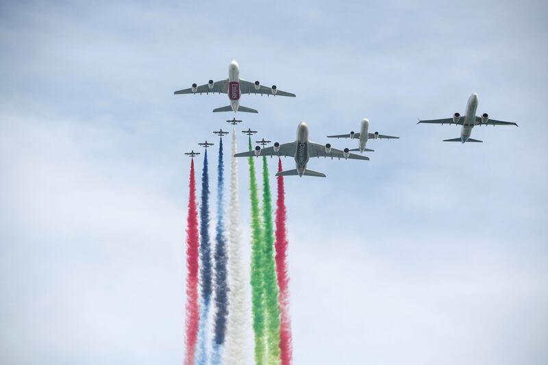 Abu Dhabi, United Arab Emirates - Eithad aerial display to celebrate the 47th annual National Day, December 2, 2018. (Khushnum Bhandari/ The National)
