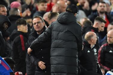 Liverpool manager Jurgen Klopp (R) greets Manchester United manager Ralf Rangnick (L) after the English Premier League soccer match between Liverpool and Manchester United in Liverpool, Britain, 19 April 2022.   EPA/PETER POWELL EDITORIAL USE ONLY.  No use with unauthorized audio, video, data, fixture lists, club/league logos or 'live' services.  Online in-match use limited to 120 images, no video emulation.  No use in betting, games or single club / league / player publications
