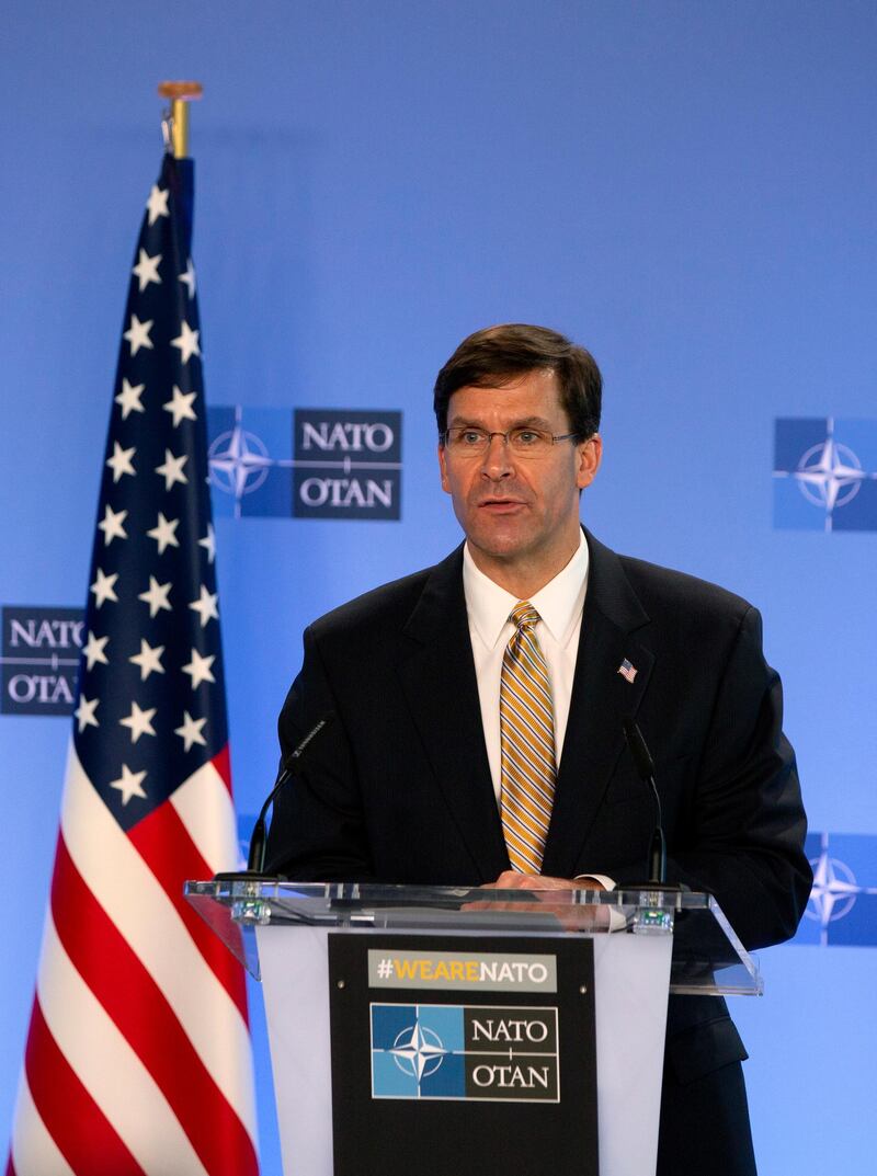 epa08510226 US Secretary of Defense Mark Esper speaks at a joint media conference with NATO Secretary General Jens Stoltenberg (unseen) at the NATO headquarters in Brussels, 26 June 2020. US Secretary of Defense Mark Esper is at the North Atlantic Treaty Organization (NATO) to follow-up on a broad range of issues raised during the last NATO defense ministerial meeting.  EPA/VIRGINIA MAYO / POOL