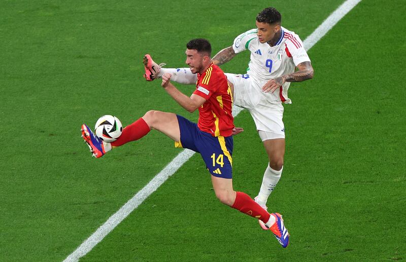 In for Nacho in the only change to the Spain side which beat Croatia. Late header flew over as he tried to score. And an even later header on 95 minutes put Italy’s final attack out for a corner. Getty Images