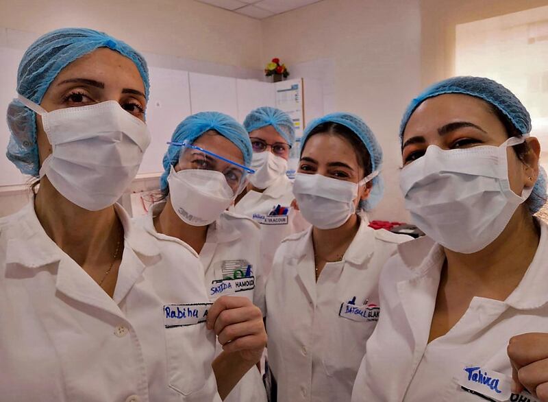 A picture taken by a nurse at the Hotel Dieu de France Hospital, shows colleagues in the coronavirus section of the hospital, in the neighbourhood of Ashrafieh of the Lebanese capital Beirut's eastern suburbs. AFP