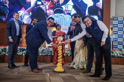 Vijay Shekhar Sharma, founder and chairman of One97 Communications, operator of PayTM, second left, lights a lamp during the listing ceremony of the company's IPO at the Bombay Stock Exchange in Mumbai, India, on Thursday, November 18, 2021. Bloomberg