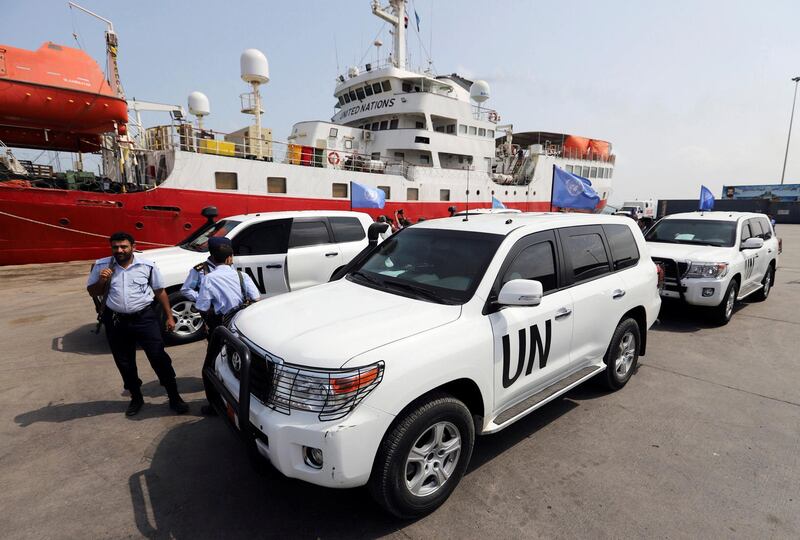 U.N. vehicles on their way to Saleef port are seen at the Red Sea port of Hodeidah, Yemen May 11, 2019.  REUTERS/Abduljabbar Zeyad