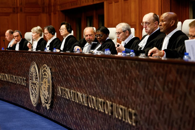 The 15-member panel of the International Court of Justice hearing the case into Israel's occupation of Palestine, in the Hague, the Netherlands.  Reuters