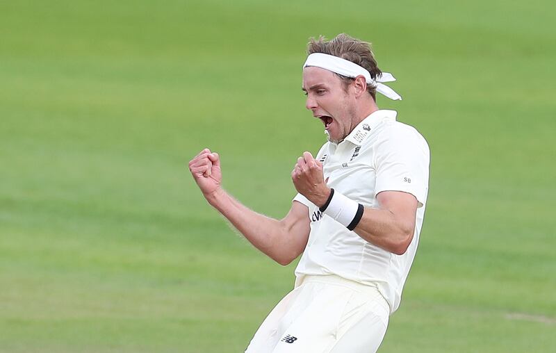 England's Stuart Broad celebrates the wicket of West Indies' Roston Chase during the third Test in Manchester on Saturday. Reuters