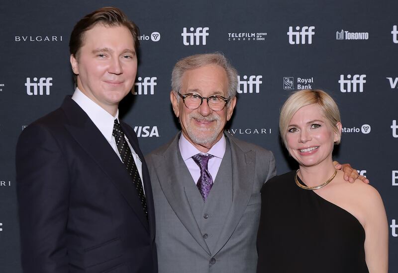 From left, Paul Dano, Steven Spielberg and Michelle Williams at "The Fabelmans" Toronto International Film Festival premiere. The semi-autobiographical drama won top prize at the festival. AFP
