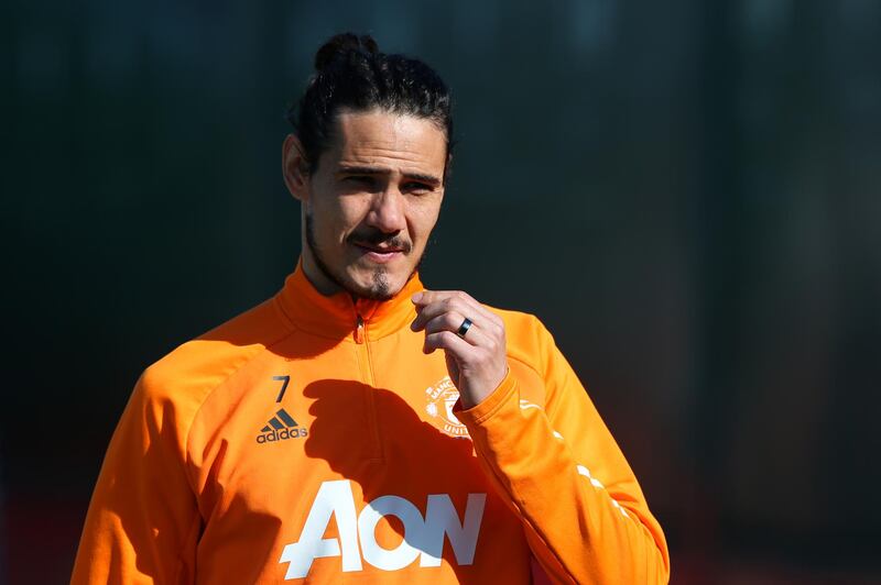 MANCHESTER, ENGLAND - APRIL 02:  Edinson Cavani of Manchester United looks on during a first team training session at Aon Training Complex on April 2, 2021 in Manchester, England. (Photo by Matthew Peters/Manchester United via Getty Images)