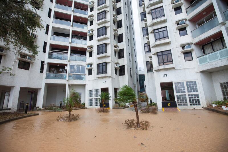 A flooded section of a housing estate in Heng Fa Chuen is seen during the passing of tropical storm Pakhar. Alex Hofford / EPA