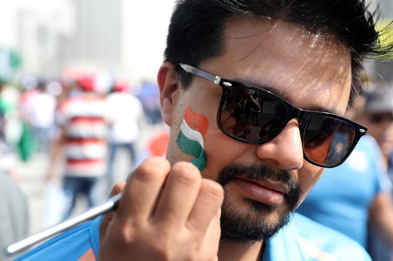 Dubai, United Arab Emirates - September 23, 2018: India fans before the game between India and Pakistan in the Asia cup. Sunday, September 23rd, 2018 at Sports City, Dubai. Chris Whiteoak / The National