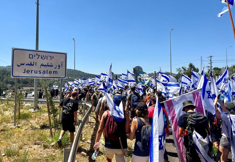 Protesters marching near Motza, on the western edge of Jerusalem, on Saturday. Reuters