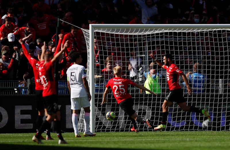 Gaetan Laborde celebrates scoring Rennes' first goal. Reuters