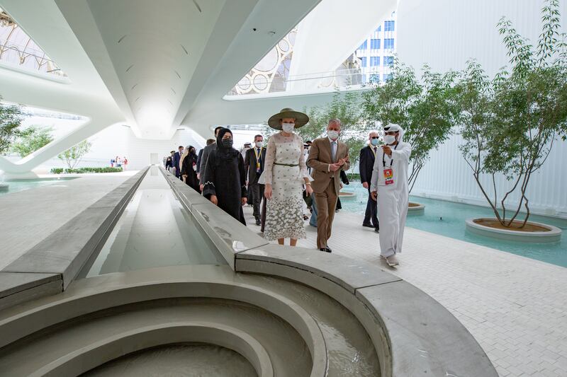 To visit Expo 2020 Dubai, Queen Mathilde wore a white embroidered Maison Natan dress. Photo: Expo 2020 Dubai