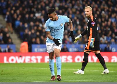 LEICESTER, ENGLAND - NOVEMBER 18:  Gabriel Jesus of Manchester City celebrates scoring the opening goal during the Premier League match between Leicester City and Manchester City at The King Power Stadium on November 18, 2017 in Leicester, England.  (Photo by Michael Regan/Getty Images)
