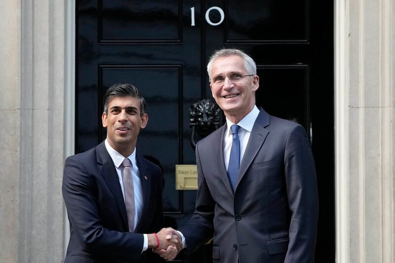 British Prime Minister Rishi Sunak, left, with Nato Secretary General Jens Stoltenberg at No 10 Downing Street in London on Wednesday. AP
