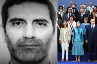 Left: Assadollah Assadi has been sentenced to jail for conspiring to blow up a dissidents' rally, right: NCRI leader Maryam Rajavi, in blue, flanked by some of the attendees of the 2018 conference outside Paris, targeted in an Iranian bomb plot. US Embassy Iran/AFP