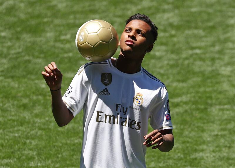 Rodrygo controls a ball during his Real Madrid unveiling. Reuters
