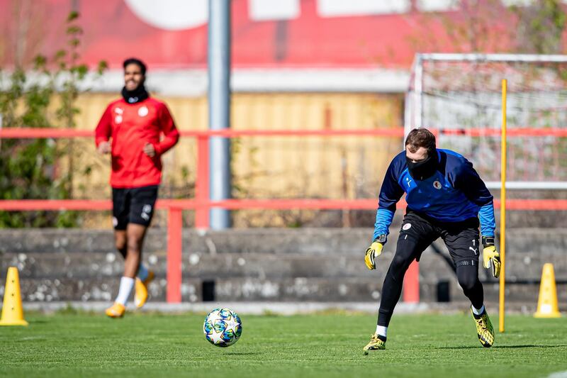 Slavia Prague goalkeeper Ondrej Kolar during a training session on Monday. The Czech government allowed athletes to start training outdoors. EPA