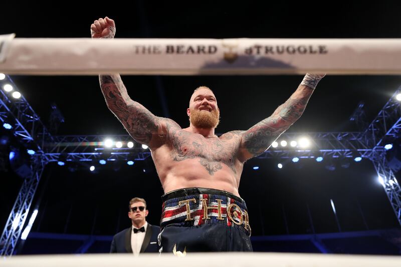 Thor Björnsson celebrates after being declared the winner of the six-round exhibition fight.
