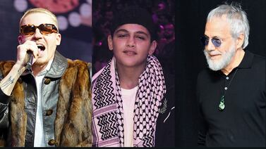 US rapper Macklemore (from L to R) performs on stage at the OMR digital trade show in the exhibition halls, 
Gaza rapper MC Abdul, 15. and usuf Islam also known as Cat Stevens speaks during the National Remembrance Service photos: Getty images /  @mca.rap / Instagram / Getty images