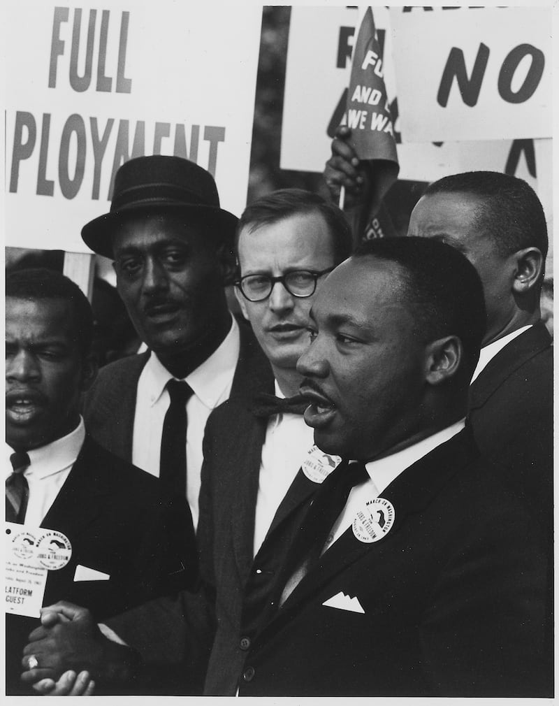 King, president of the Southern Christian Leadership Conference, and Mathew Ahmann, executive director of the National Catholic Conference for Interrracial Justice, in a crowd at the Civil Rights March on Washington in 1963. Photo: US National Archives