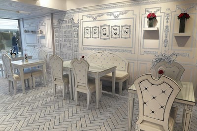 ABU DHABI, UNITED ARAB EMIRATES , Feb 11  – 2020 :- Inside view of the Forever Rose Café at The Galleria on Al Maryah Island in Abu Dhabi. 2D illustrations of the Sheikh Zayed bin Sultan Al Nahyan and other Sheikhs painted on the walls of the café.  (Pawan  Singh / The National) For Lifestyle. Story by Saeed