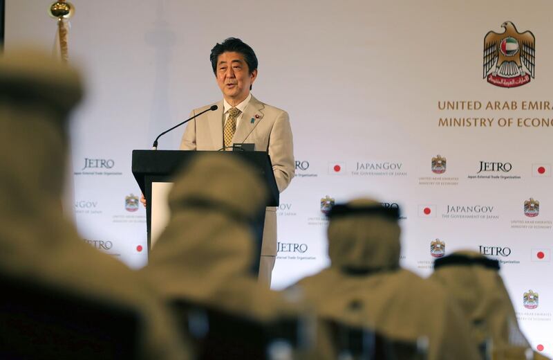 Japan's Prime Minister Shinzo Abe speaks during a Japan-UAE Business Forum in Abu Dhabi on April 30, 2018. Karim Sahib / AFP