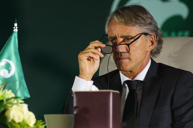 Roberto Mancini with a quizzical expression at Monday's press conference in Riyadh. AFP