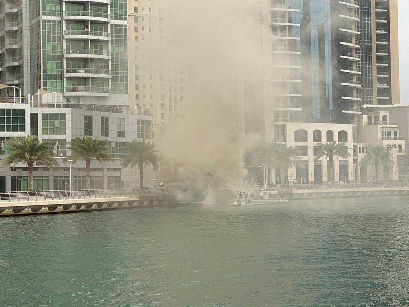 A yacht of fire in Dubai Marina. Rory Reynolds / The National