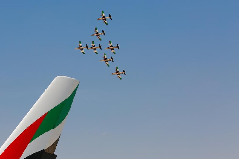 The Al Fursan aerobatic team perform aerial displays at the Dubai Airshow. Victor Besa for The National