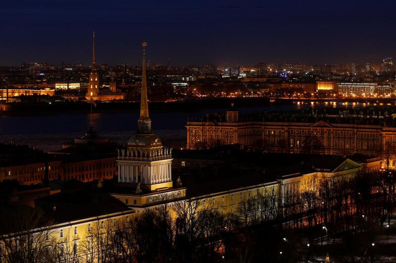 During the Earth Hour, the Admiralty building, the Peter and Paul cathedral and the State Hermitage museum still loom large in the skyline at Saint Petersburg, Russia. Reuters