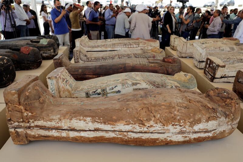 Sarcophagi dating from around 2,500 years ago, at a presentation in Giza, Egypt. Reuters