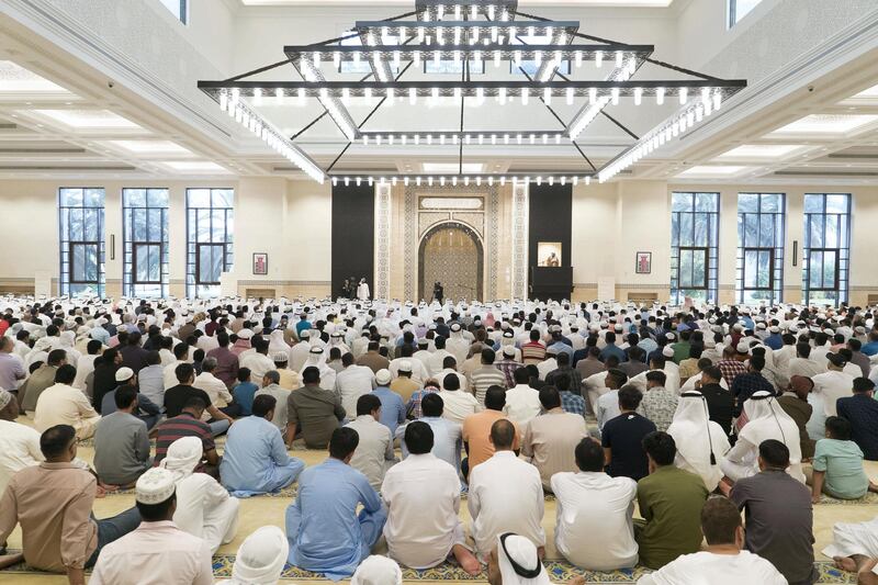 ABU DHABI, UNITED ARAB EMIRATES - June 04, 2019: Dignitaries and guests attend Eid Al Fitr prayers at the Sheikh Sultan bin Zayed the First mosque in Al Bateen. 

( Rashed Al Mansoori / Ministry of Presidential Affairs )
---