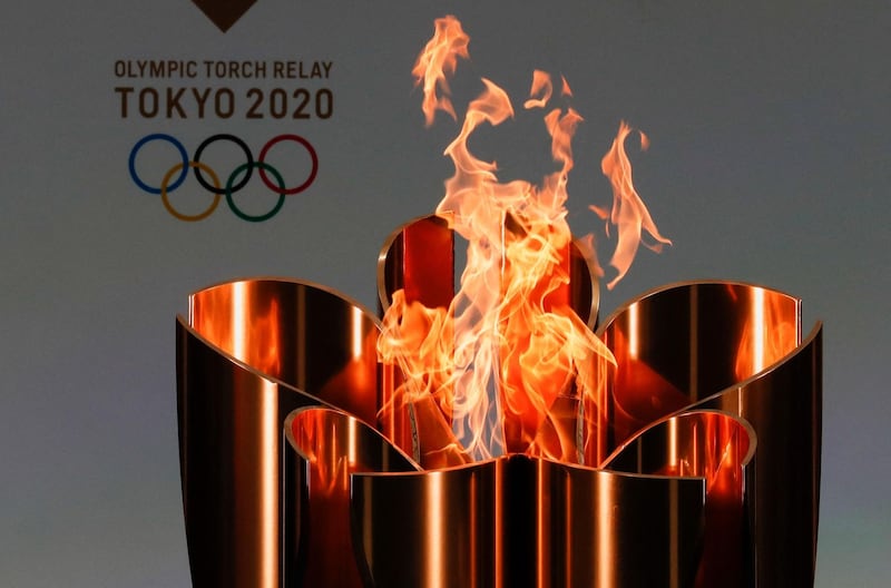 The celebration cauldron after being lit on the first day of the Tokyo 2020 Olympic torch relay in Naraha, Fukushima prefecture. AFP