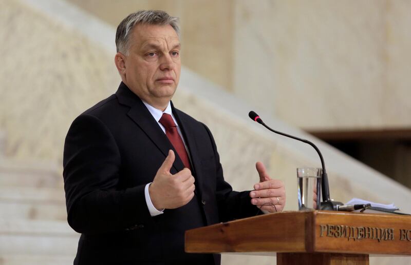Hungarian Prime Minister  Viktor Orban, speaks to journalists after his meeting with his meeting Bulgarian counterpart in Sofia, Monday, Feb. 19, 2018. Hungary's prime minister says that the new EU plan for relocation of asylum seekers through mandatory quotas was not good for his country. (AP Photo/Valentina Petrova)
