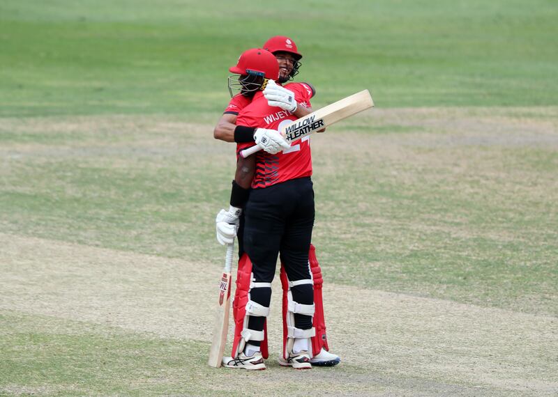 Canada's Srimantha Wijeyeratne after reaching fifty against UAE in their CWCL2 match in Dubai
